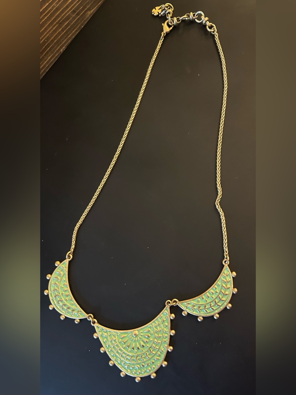Gold-Tone Green Enamel Crescent Bib Necklace